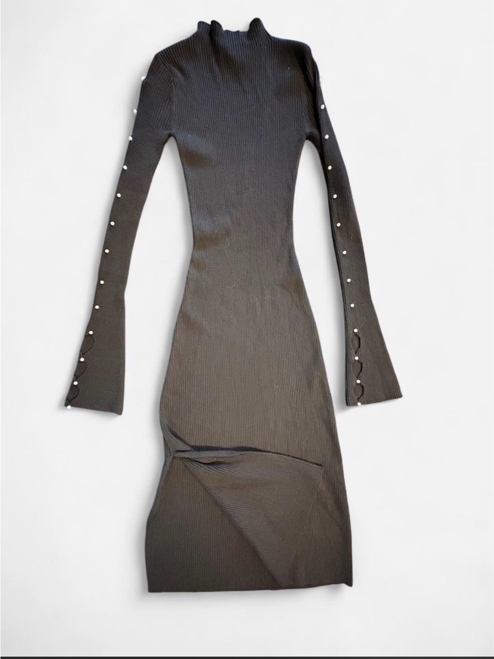 Planet Gold Black Ribbed Long-Sleeve Midi Dress with Pearl Sleeve Accents